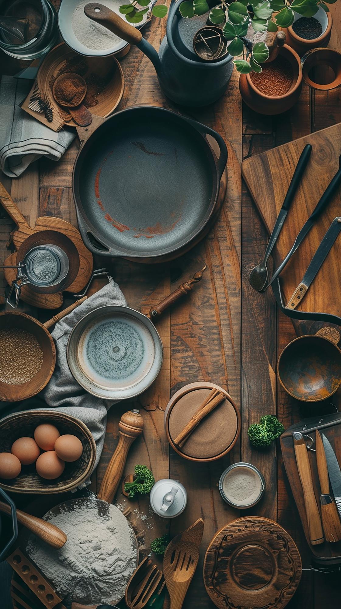 Bancone cucina rustica con utensili e ingredienti disposti